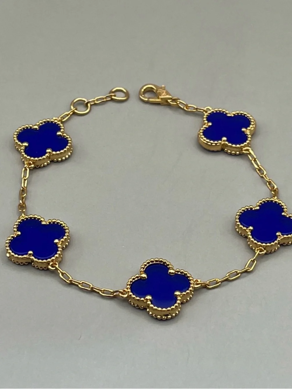 Gold-Plated Blue Clover Link Bracelet - Women Jewelry - 7.5”